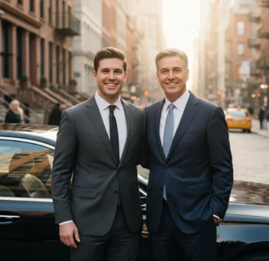 David and Michael Reynolds standing side by side beside a black car on a New York City street