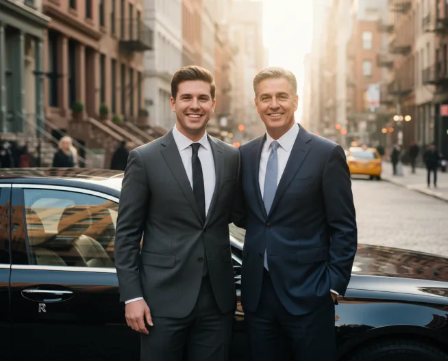 David and Michael Reynolds standing side by side beside a black car on a New York City street