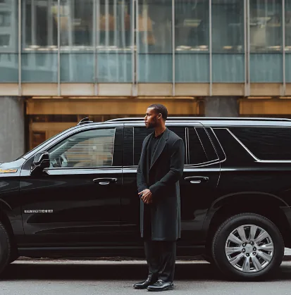 A chauffeur in a long overcoat standing beside a black SUV outside a city building