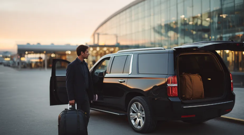 A traveller in a dark suit walking to a black SUV with its tailgate open outside an airport terminal at dusk