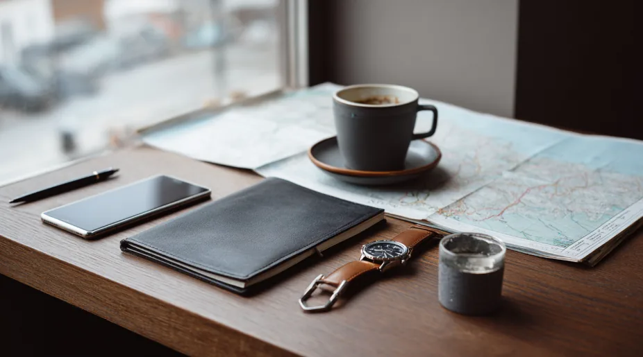 An open street map, a coffee cup, a phone and a wristwatch laid out on a wooden desk by a window