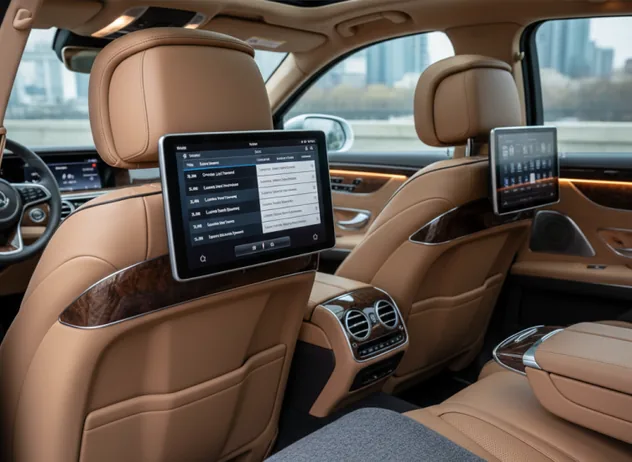 Rear-seat screens showing a flight and itinerary dashboard in a tan leather cabin