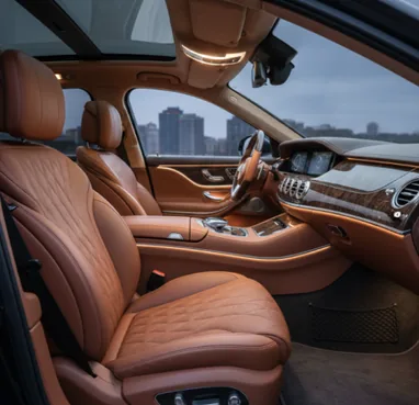 The tan leather front cabin and dashboard of a chauffeured sedan at dusk