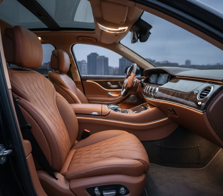 The tan leather front cabin and dashboard of a chauffeured sedan at dusk