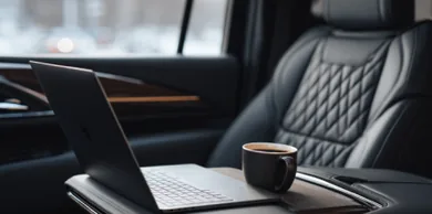 An open laptop and a cup of coffee on the rear-seat console of a chauffeured SUV