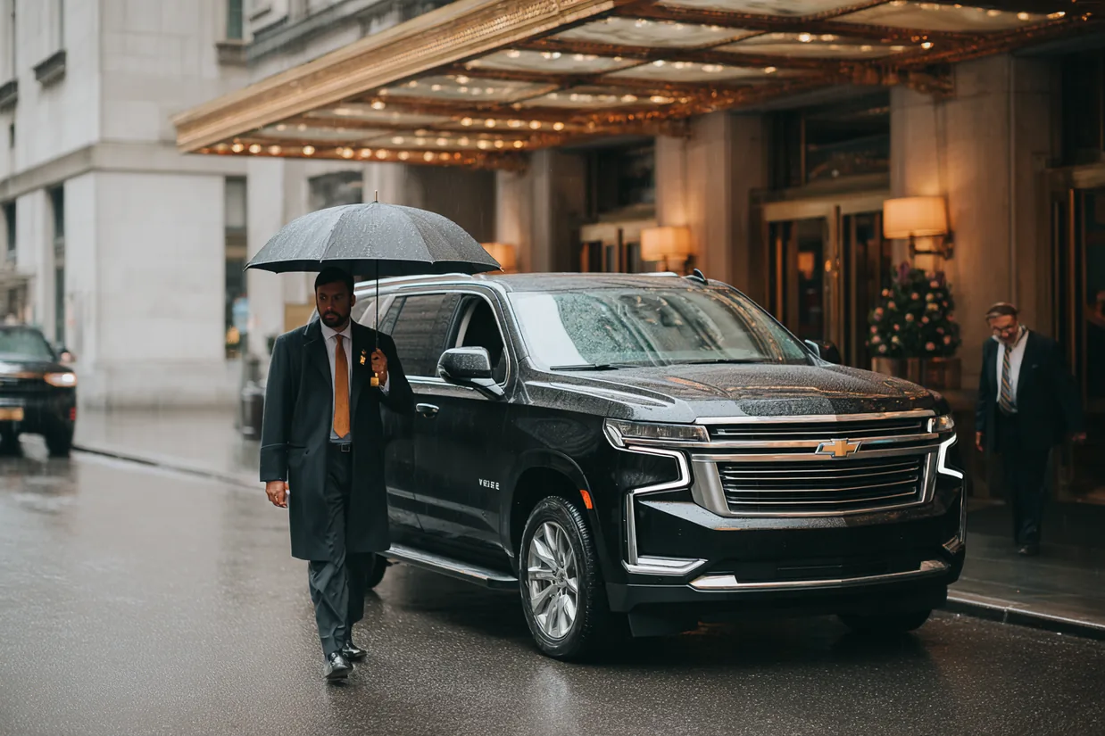A chauffeur holding an umbrella beside a black SUV under a lit hotel canopy in the rain