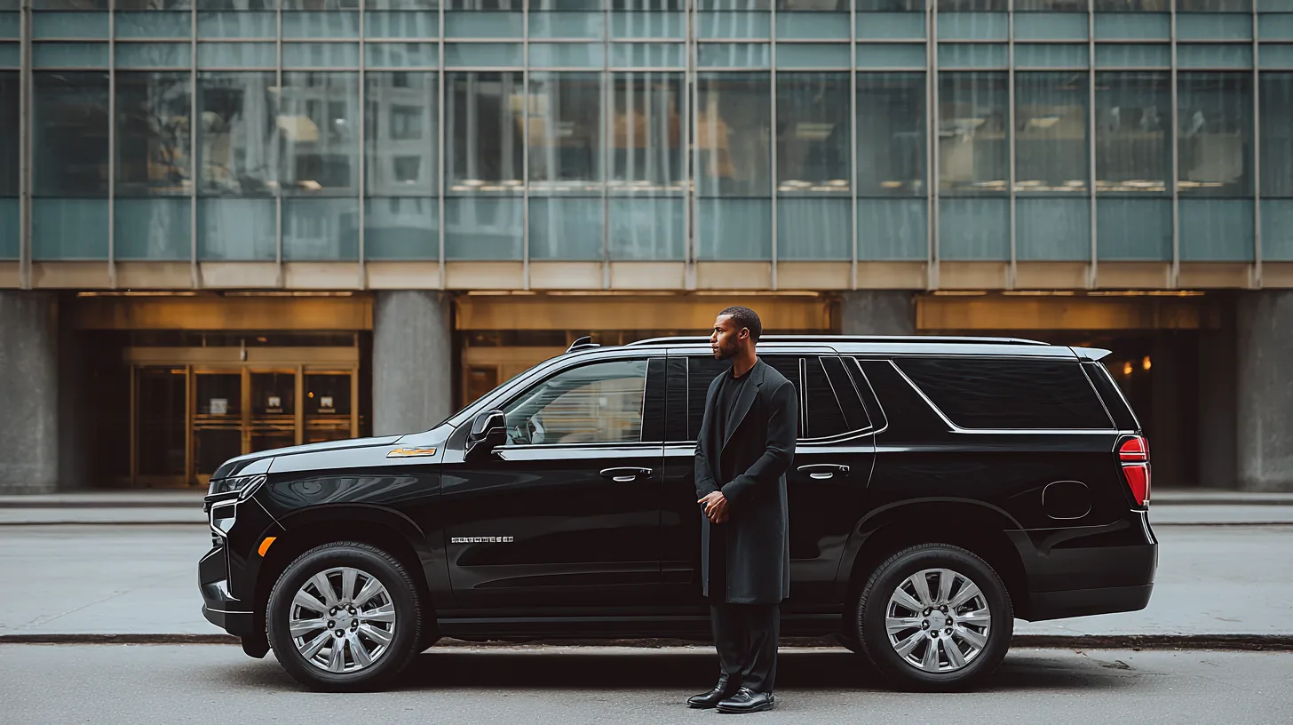 A chauffeur in a dark overcoat standing beside a black SUV in front of a glass office building