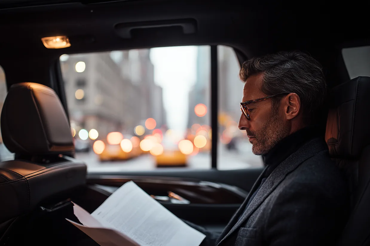 A passenger in glasses seated in the back of a car, city traffic beyond the window