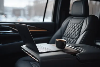 Laptop and coffee cup on a rear seat