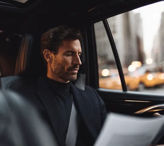 Man in a black turtleneck looking out of a rear window