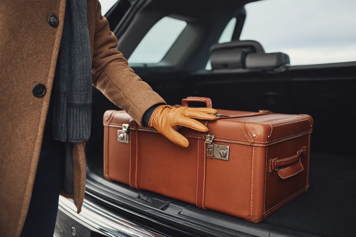 Gloved hand on a leather suitcase in an open trunk