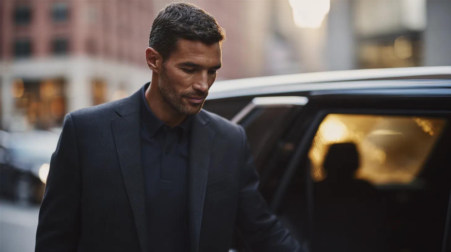 A client in a dark suit stepping out beside a black car on a Manhattan street