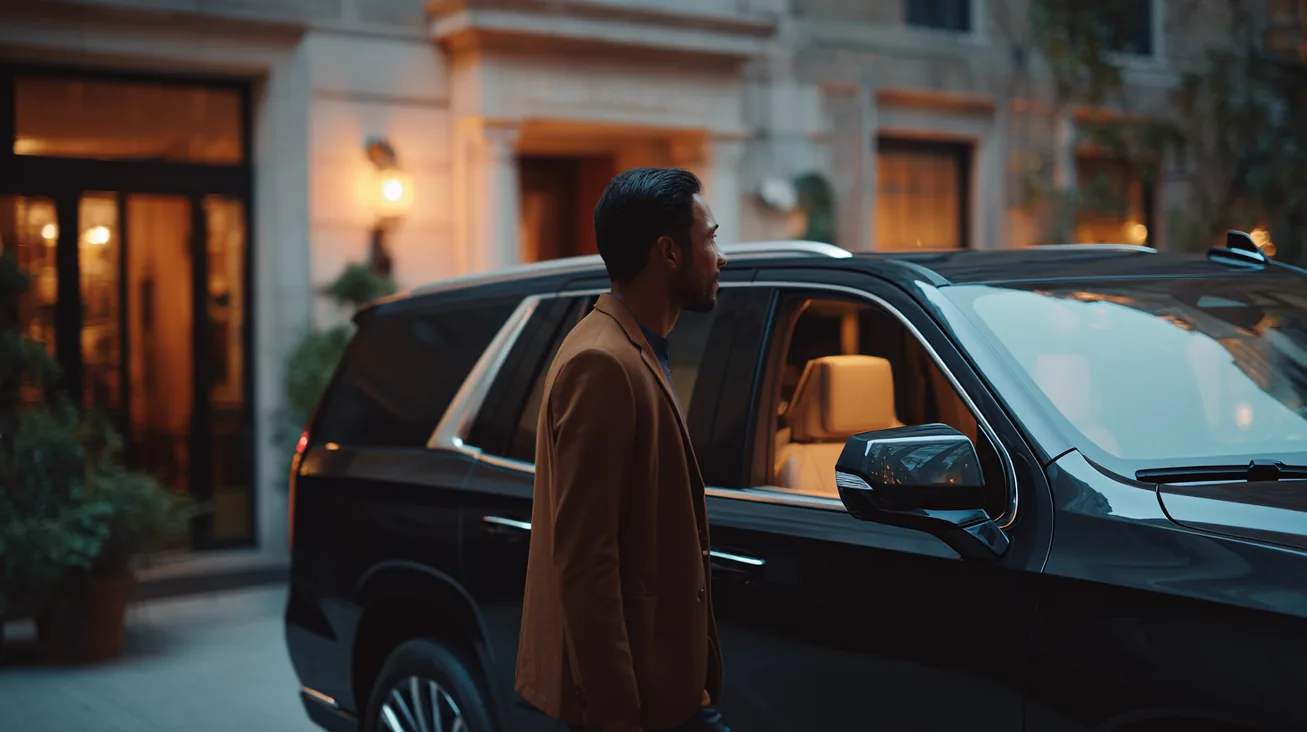 Man in a tan coat beside a black SUV