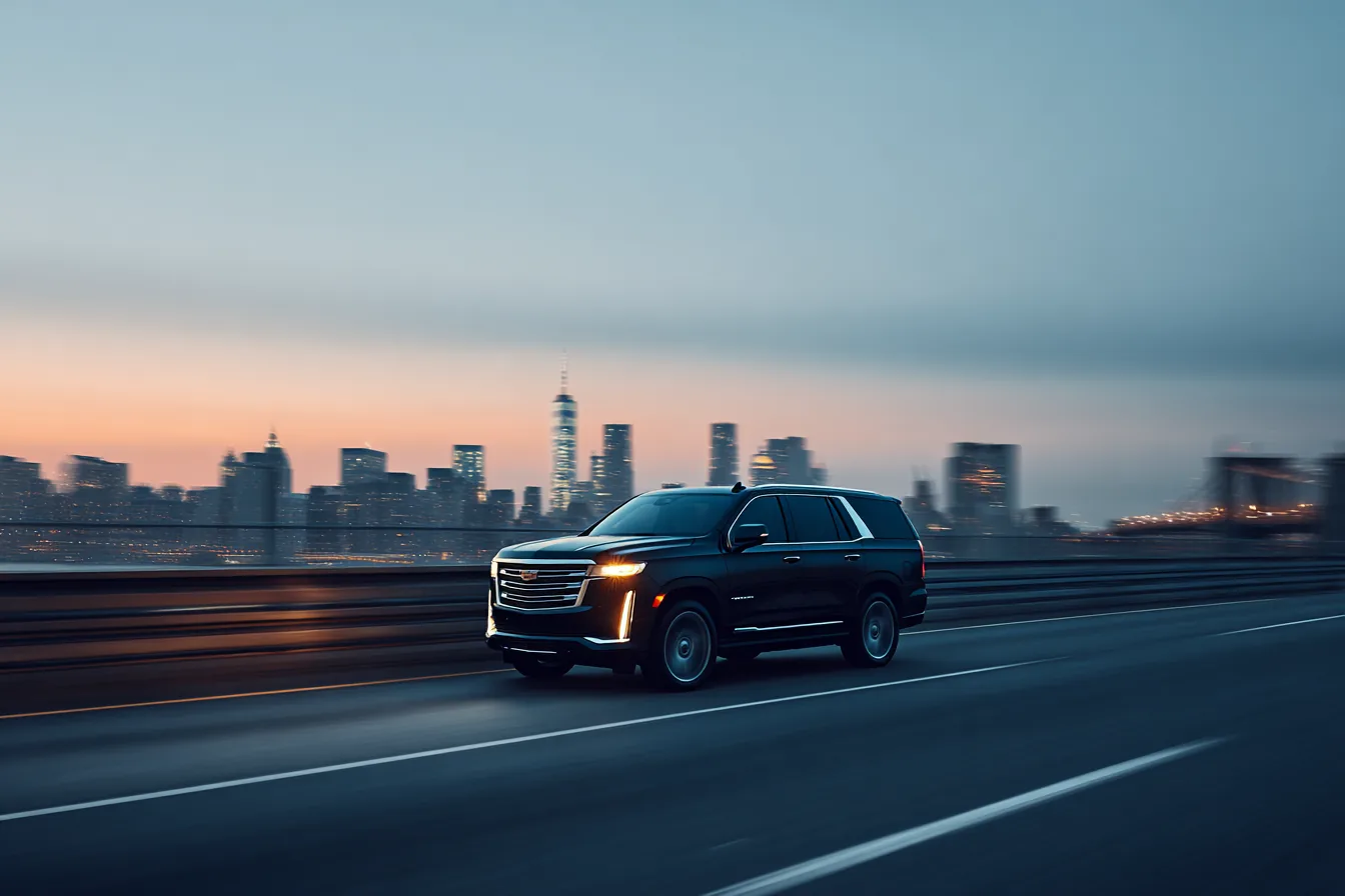 Black SUV on a highway with a dusk city skyline