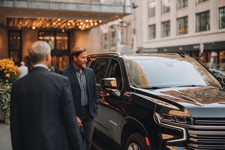 Two men talking beside a black SUV under café lights