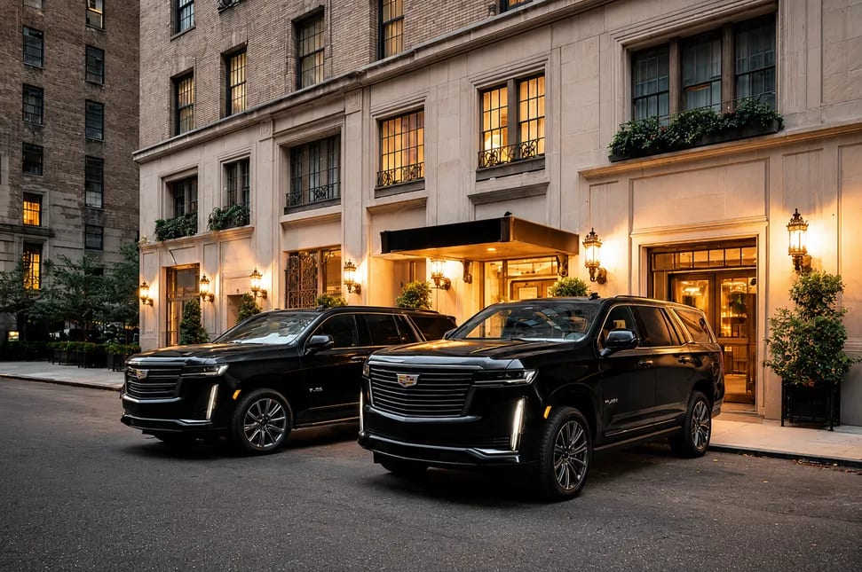 Two black Cadillacs at a lit hotel entrance