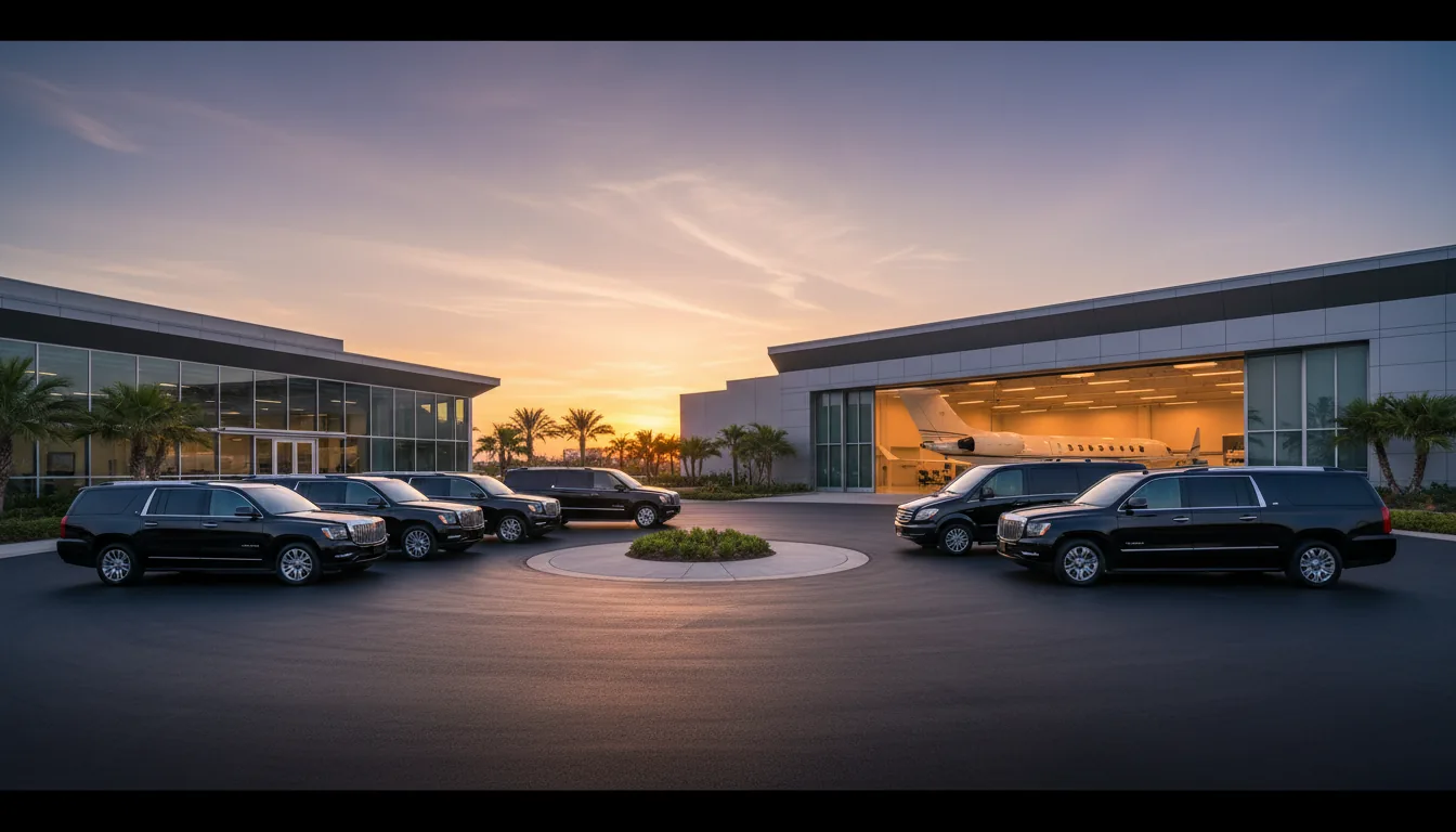 A line of black SUVs waiting beside a private jet on an airport apron at sunset