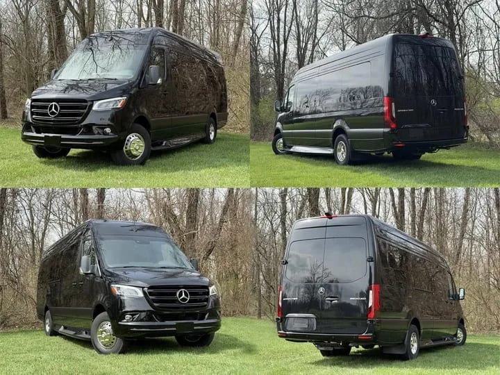 Four views of a black Mercedes-Benz Sprinter van parked on grass, seen from the front, the rear and both sides