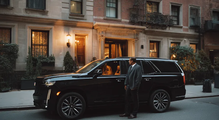 A suited chauffeur standing beside a black Cadillac Escalade outside a lit Manhattan townhouse at dusk