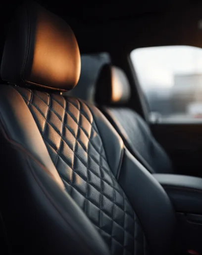 A quilted leather rear seat in a chauffeured SUV lit by warm golden light
