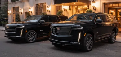 Two black Cadillac Escalades waiting at the lit entrance of a city hotel