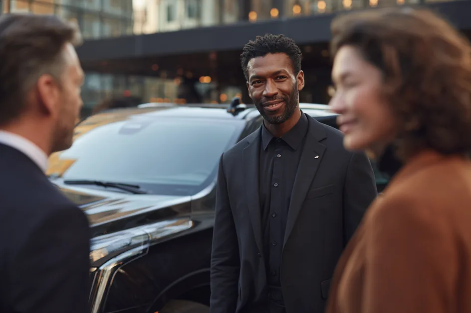 A smiling man and woman standing beside a black SUV