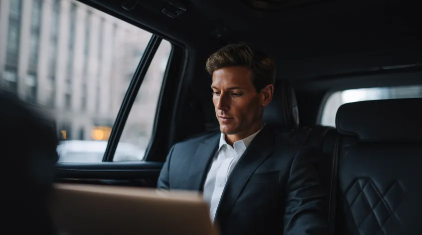 An executive in a dark suit working on a laptop in the rear seat of a chauffeured car