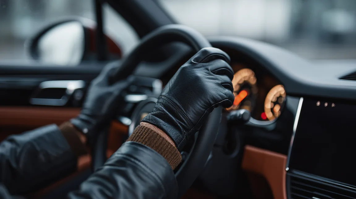 A chauffeur's gloved hands on the steering wheel of a car