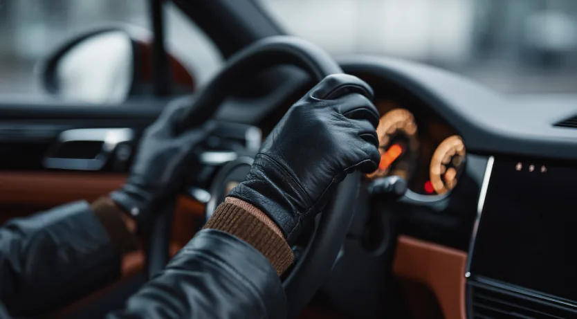 A chauffeur's gloved hands on the steering wheel of a private car