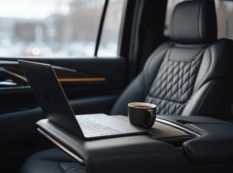 An open laptop and a cup of coffee on the rear-seat console of a chauffeured SUV