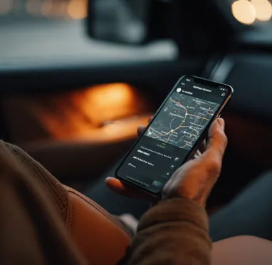 A passenger in the back of a car holding a phone that shows a live route map