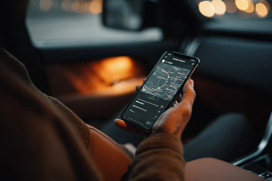 A passenger in the back of a car holding a phone that shows a live route map