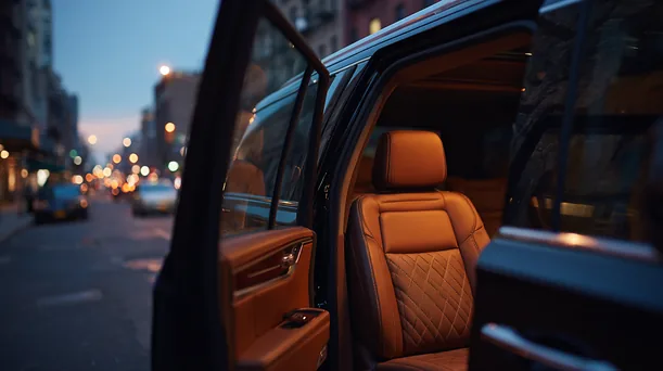 Tan quilted-leather rear cabin with the door open
