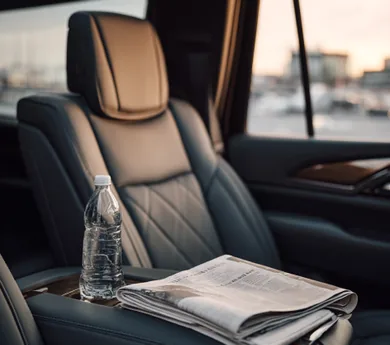 The rear seat of a black SUV with a chilled water bottle and a folded newspaper on the console
