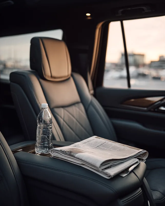 Rear seat with a water bottle and a newspaper
