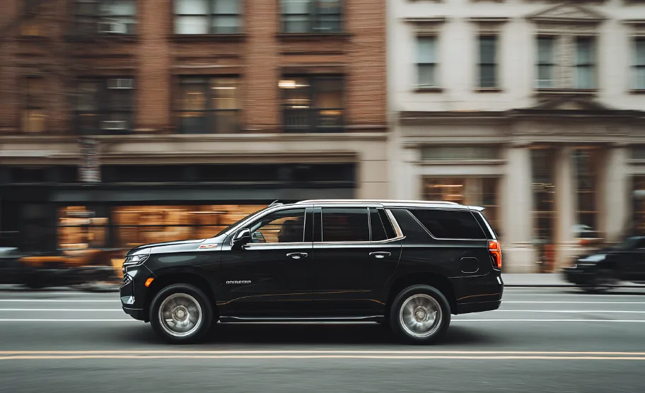 A black SUV moving past city storefronts