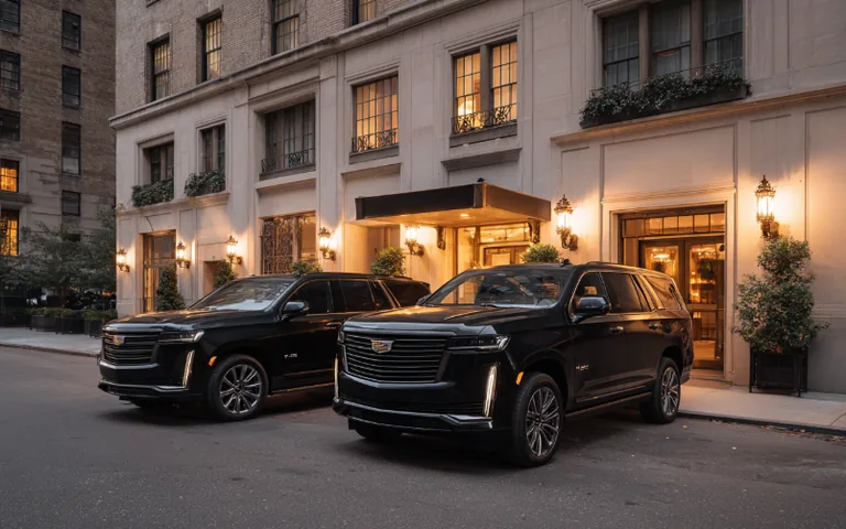 Two black Cadillac Escalades waiting at the lit entrance of a city hotel